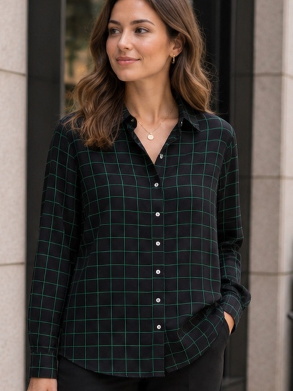 J.Crew Black Green Windowpane Plaid Button Front Blouse Small